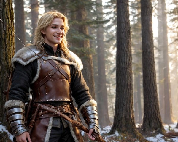 Young Man in Medieval Armor in Serene Forest Setting