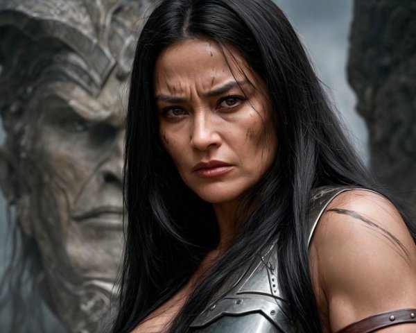 Fierce warrior in intricate armor with stone figure backdrop