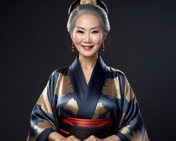 Elegant Older Woman in Kimono with Floral Patterns