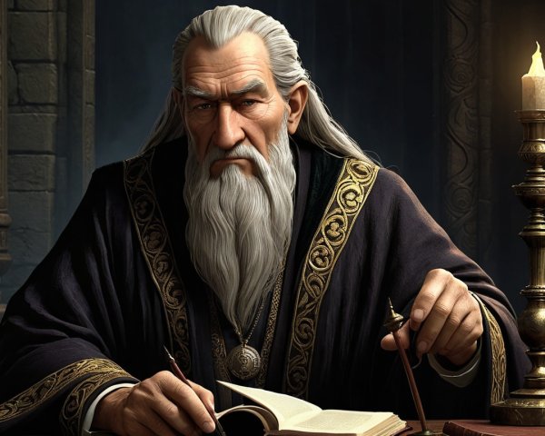 Elderly wizard studying in an ancient library setting