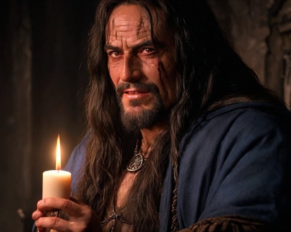 Brooding Figure with Candle in Dimly Lit Setting