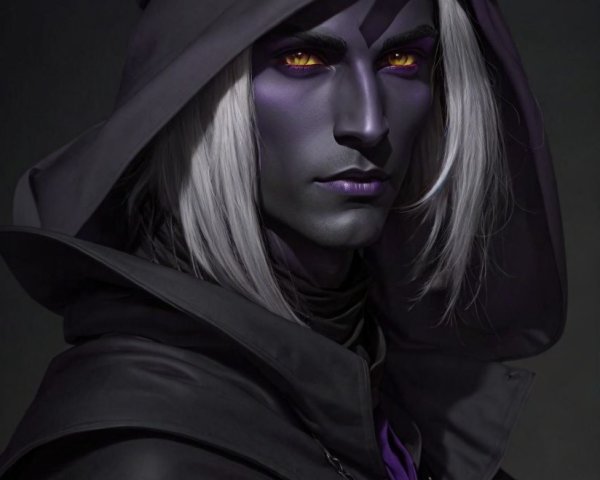 Character with Purple Skin and Golden Eyes in Robes