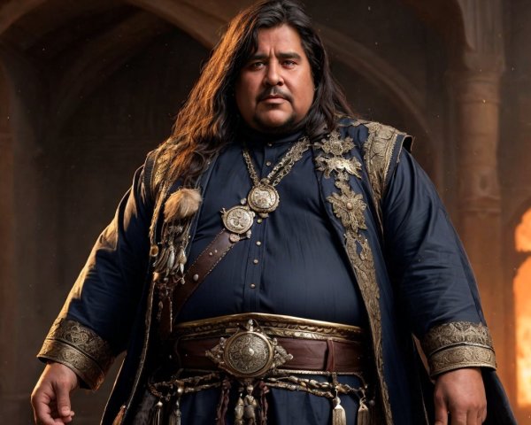 Regal figure in ornate attire with gold detailing