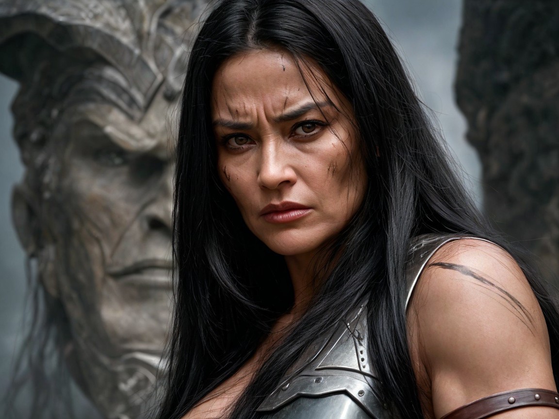 Fierce warrior in intricate armor with stone figure backdrop