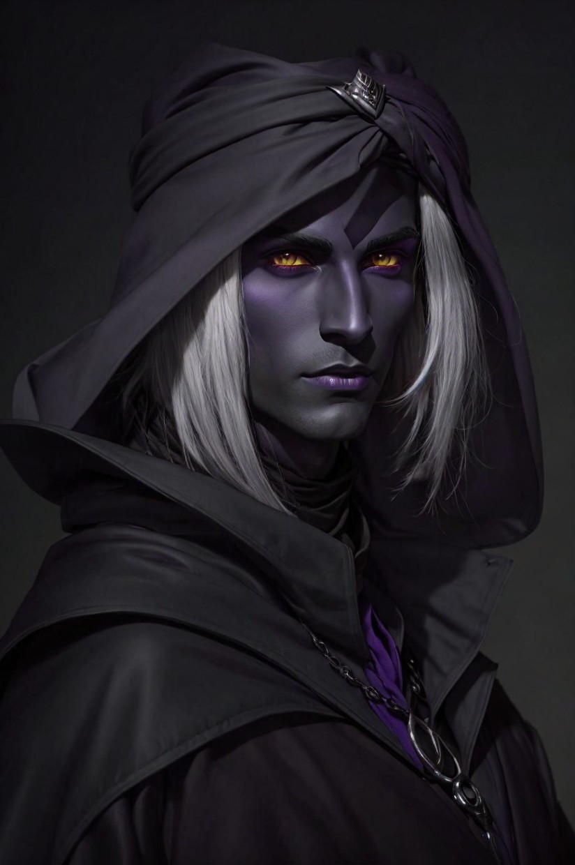 Character with Purple Skin and Golden Eyes in Robes