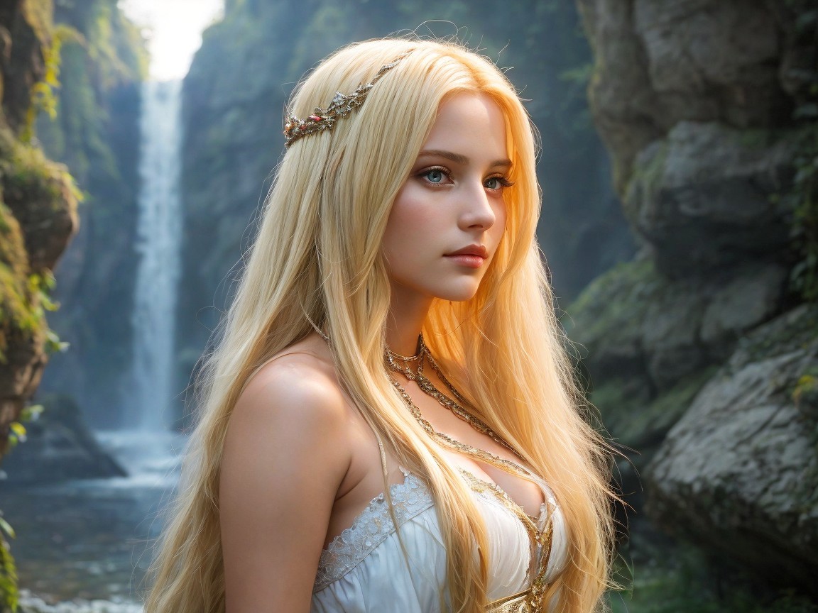 Young Woman in a Green Gorge with Waterfall Background