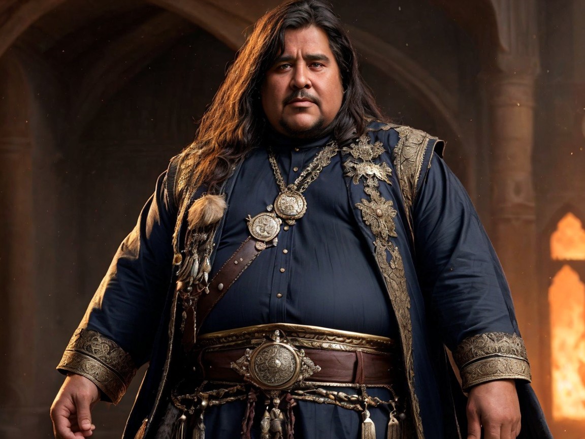 Regal figure in ornate attire with gold detailing