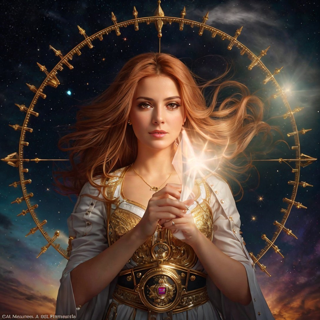 Woman with flowing hair holding a lit candle in cosmic setting.