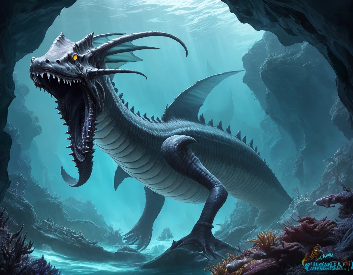 Blue-scaled dragon in underwater cave with marine flora
