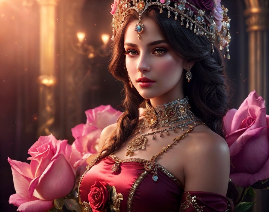 Regal woman in jeweled crown and red dress with pink roses.