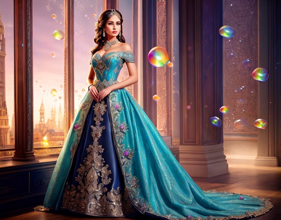 Luxurious woman in blue gown with silver embroidery in ornate room with bubbles and cityscape view.