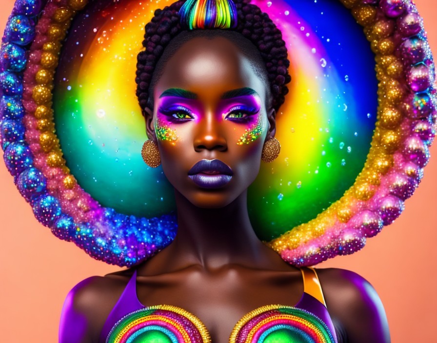 Colorful Makeup Woman in Cosmic Halo Portrait