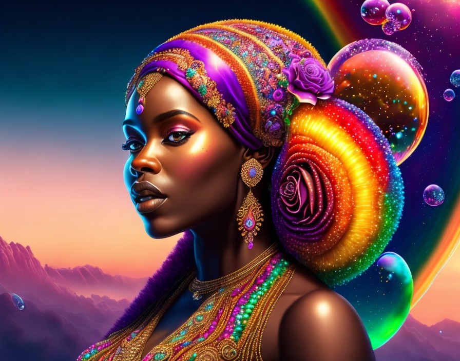 Cosmic-themed woman with jewels and flowers in fantastical landscape