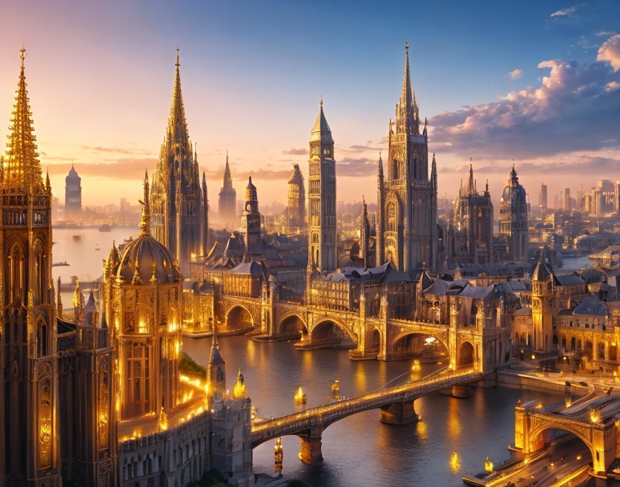 Majestic Gothic-style cityscape with ornate towers and modern skyline