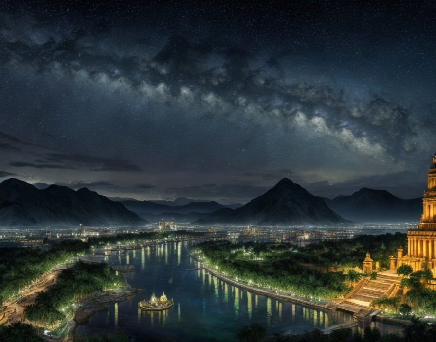 Cityscape with illuminated buildings, river, mountains, and starry sky