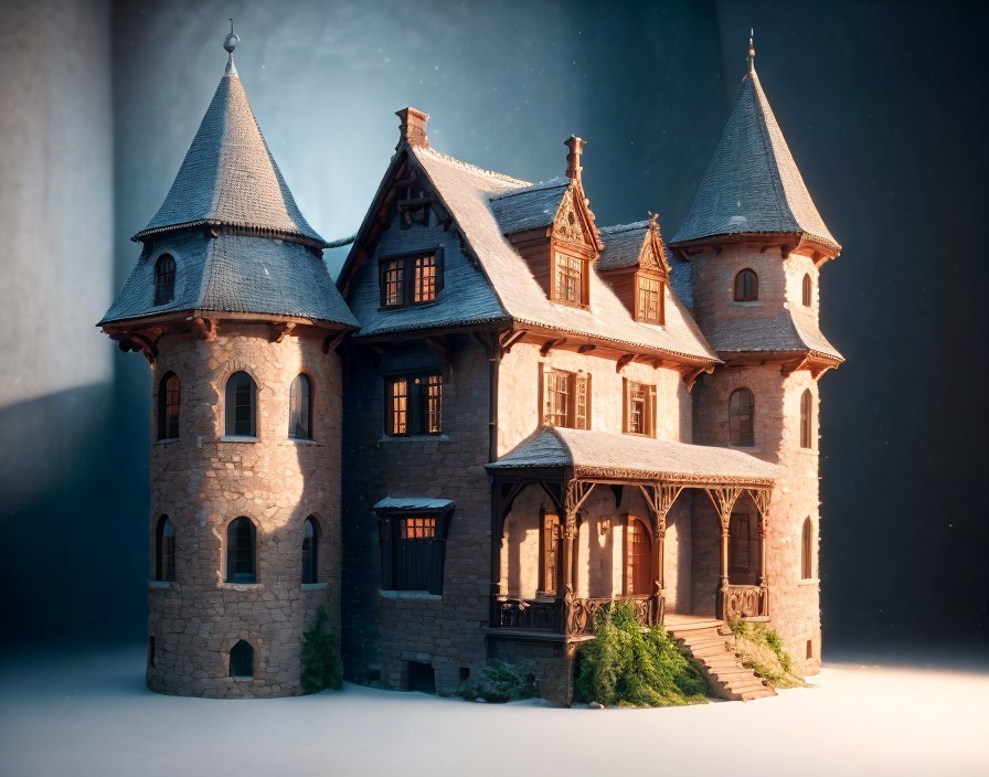 European-style Castle Miniature with Conical Roofs and Snowy Twilight