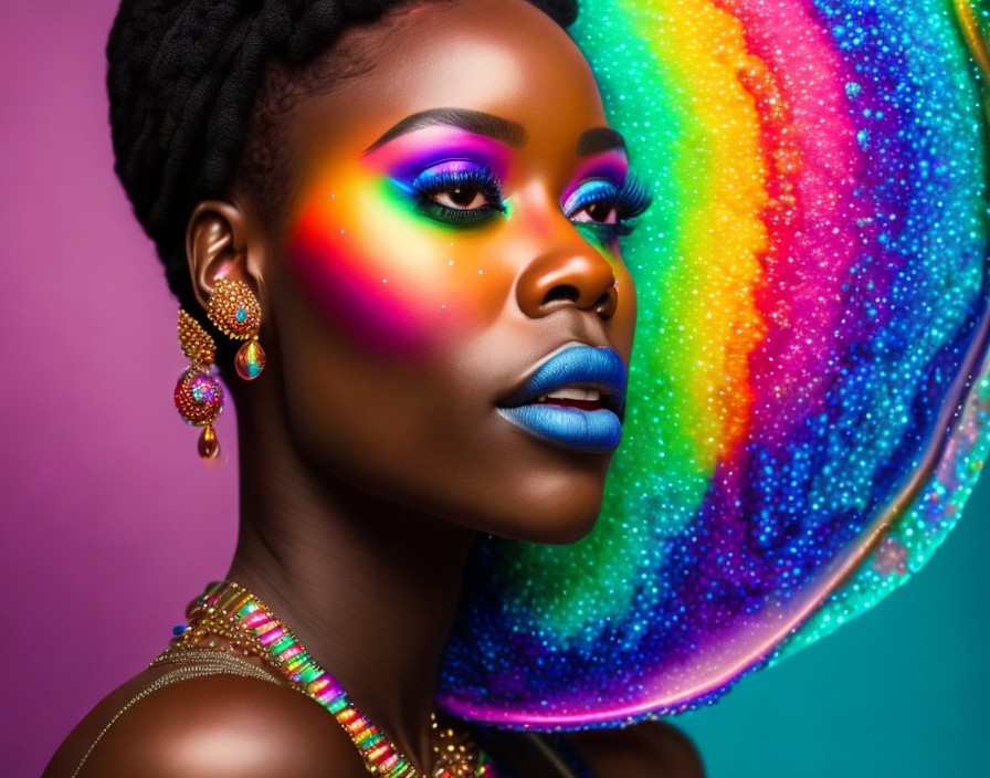 Colorful Rainbow Makeup on Woman with Blue Lipstick and Gemstone Earrings