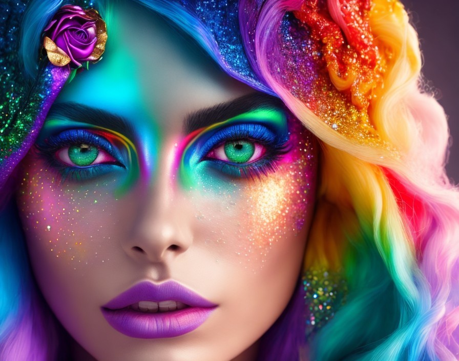 Colorful portrait with rainbow hair, glitter makeup, blue eyes, and roses.