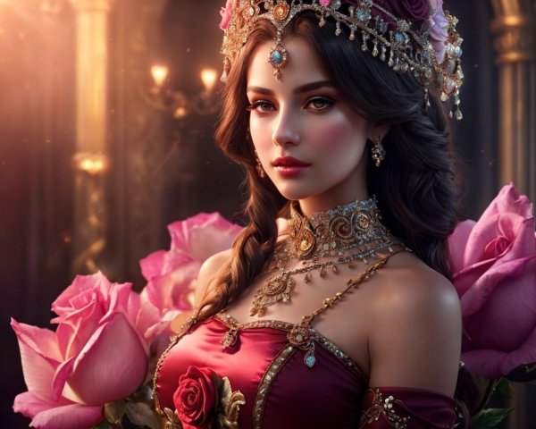 Regal woman in jeweled crown and red dress with pink roses.