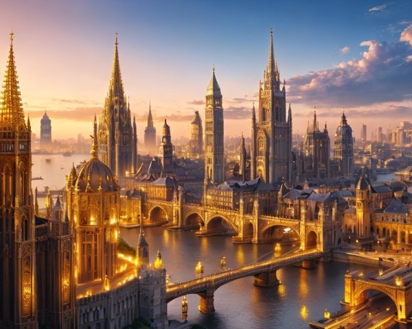 Majestic Gothic-style cityscape with ornate towers and modern skyline