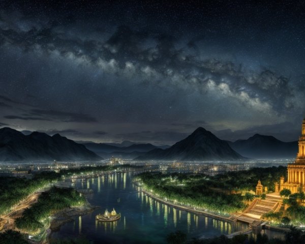 Cityscape with illuminated buildings, river, mountains, and starry sky