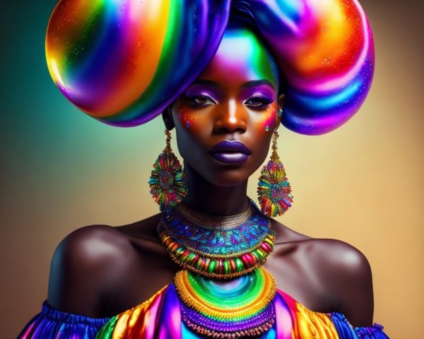 Colorful Woman with Headwrap, Makeup, and Jewelry on Gradient Background