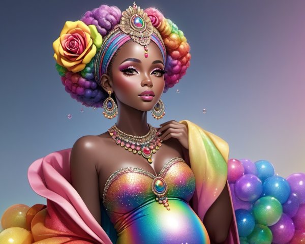Colorful hair woman illustration in shimmering dress with flowers and jewelry