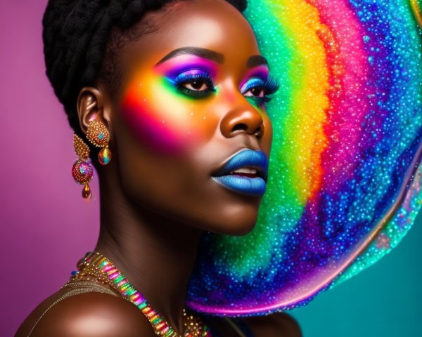 Colorful Rainbow Makeup on Woman with Blue Lipstick and Gemstone Earrings