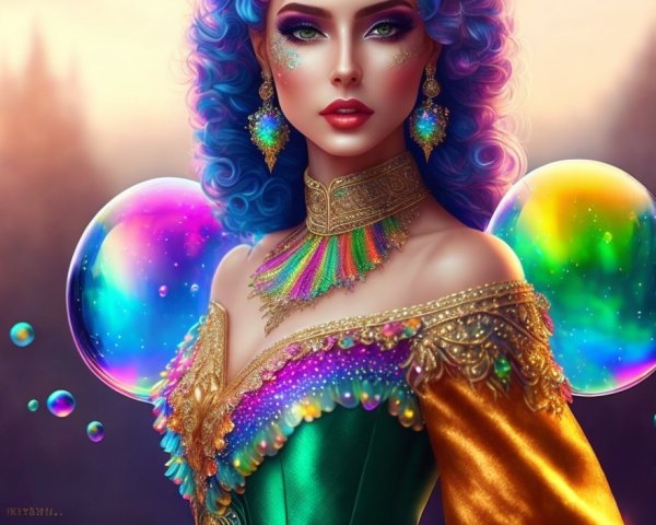 Vibrant digital art: Woman with blue hair & emerald eyes in colorful attire with floating bubbles