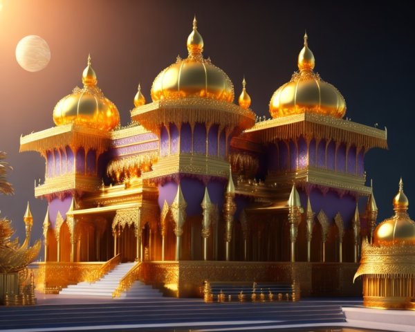 Opulent palace with golden domes and purple accents under a planetary sky