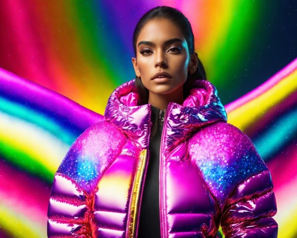 Bold Makeup Model in Metallic Pink Puffer Jacket & Neon Lights