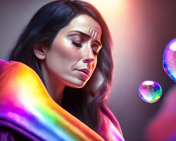 Woman wrapped in colorful blanket with tear-streaked cheeks gazing at floating bubbles