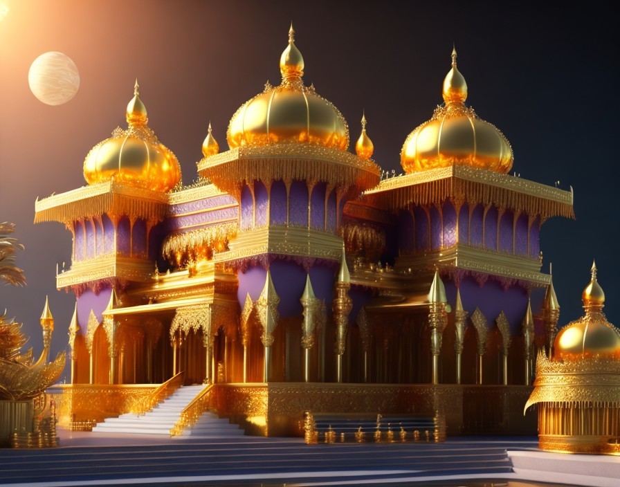 Opulent palace with golden domes and purple accents under a planetary sky