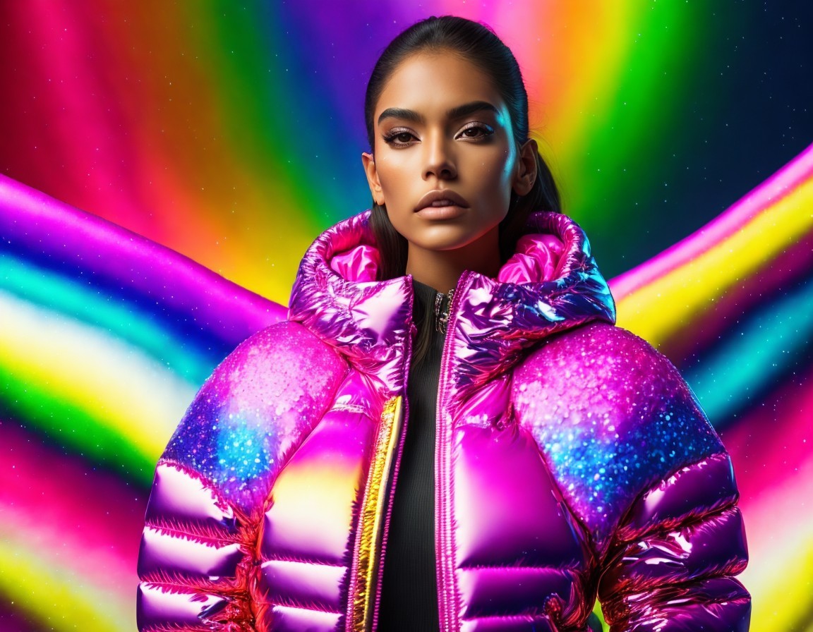 Bold Makeup Model in Metallic Pink Puffer Jacket & Neon Lights
