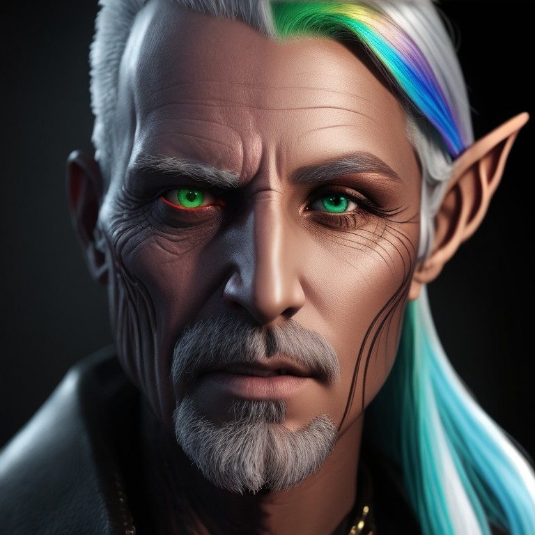 Male elf with green eyes, white hair, rainbow streak, pointed ears, and facial tattoos.