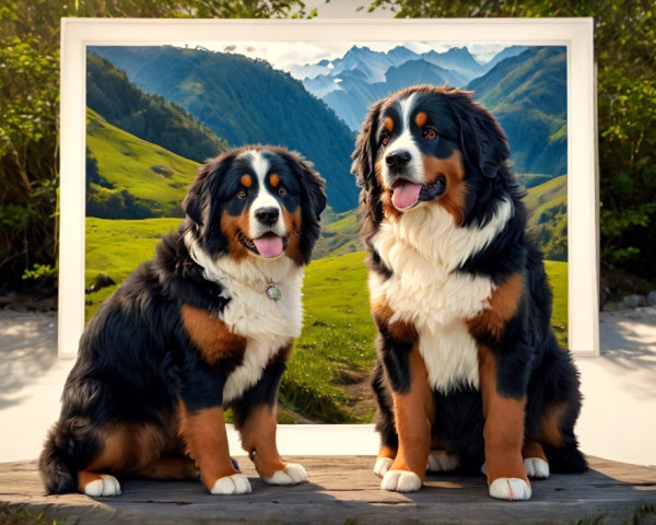 Bernese Mountain Dogs in Mountain Landscape Scene