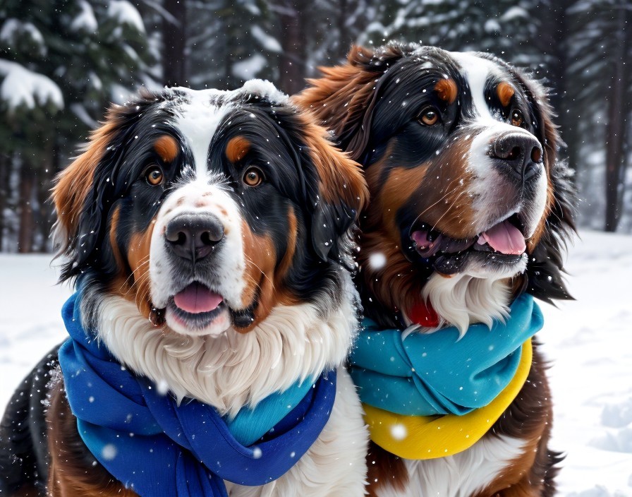 Two Bernese Mountain Dogs in blue and yellow scarves sitting in snow.