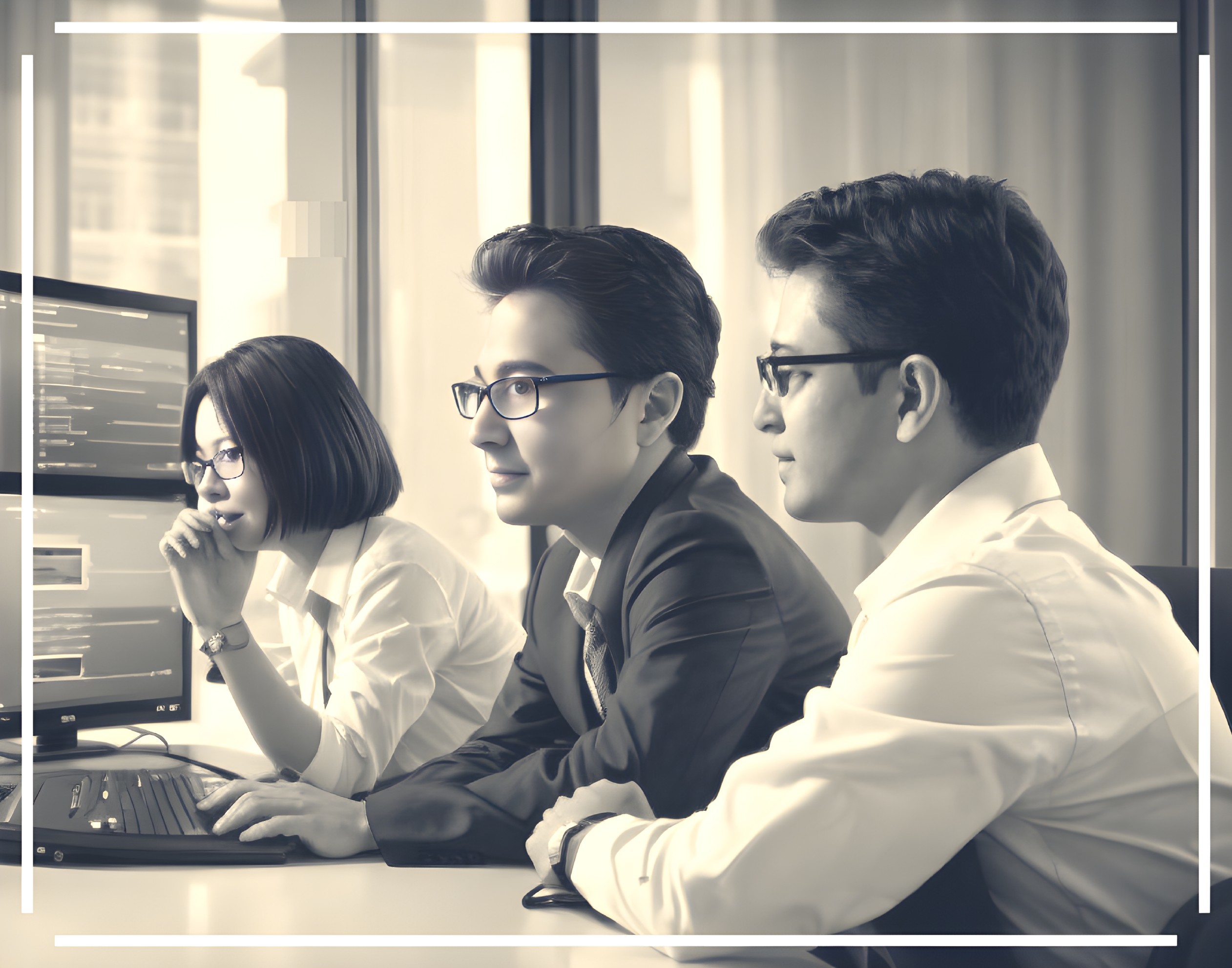 Three professionals working at computer screens in modern office - sepia-toned.