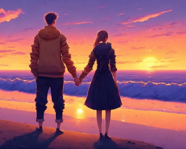 Animated characters holding hands on beach at sunset with colorful sky & rolling waves