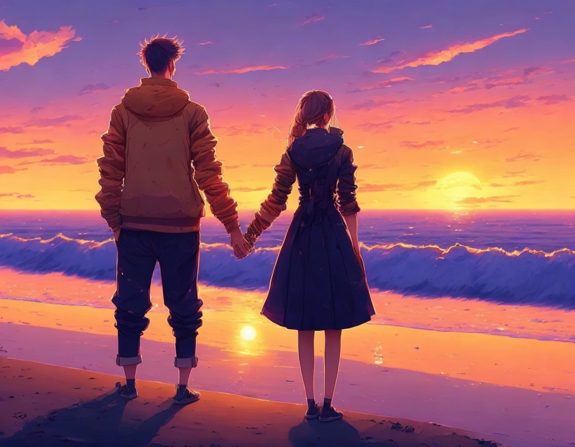 Animated characters holding hands on beach at sunset with colorful sky & rolling waves
