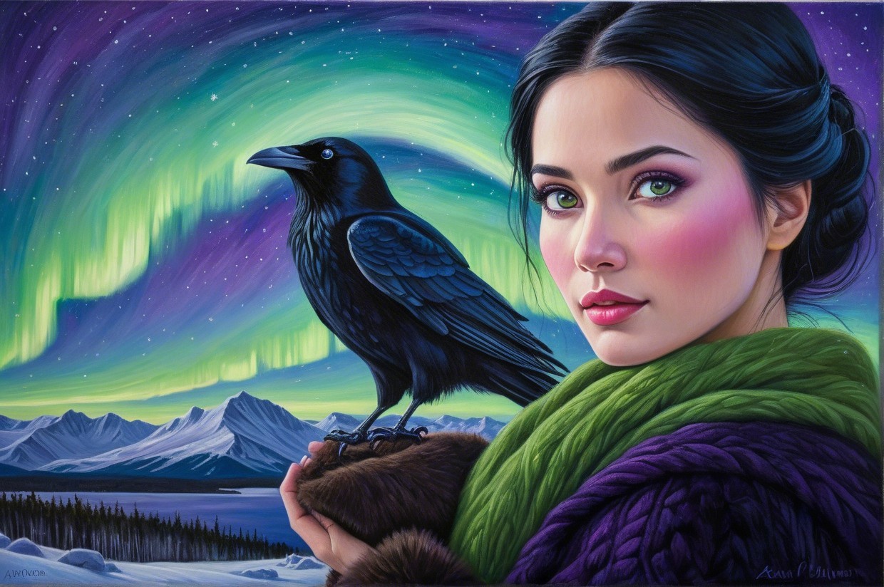 Young Woman with Raven Under Northern Lights