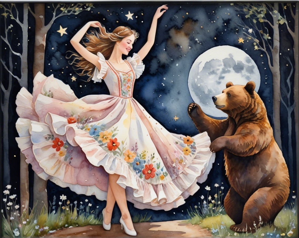 Whimsical Night Scene with Woman and Bear Under Moon
