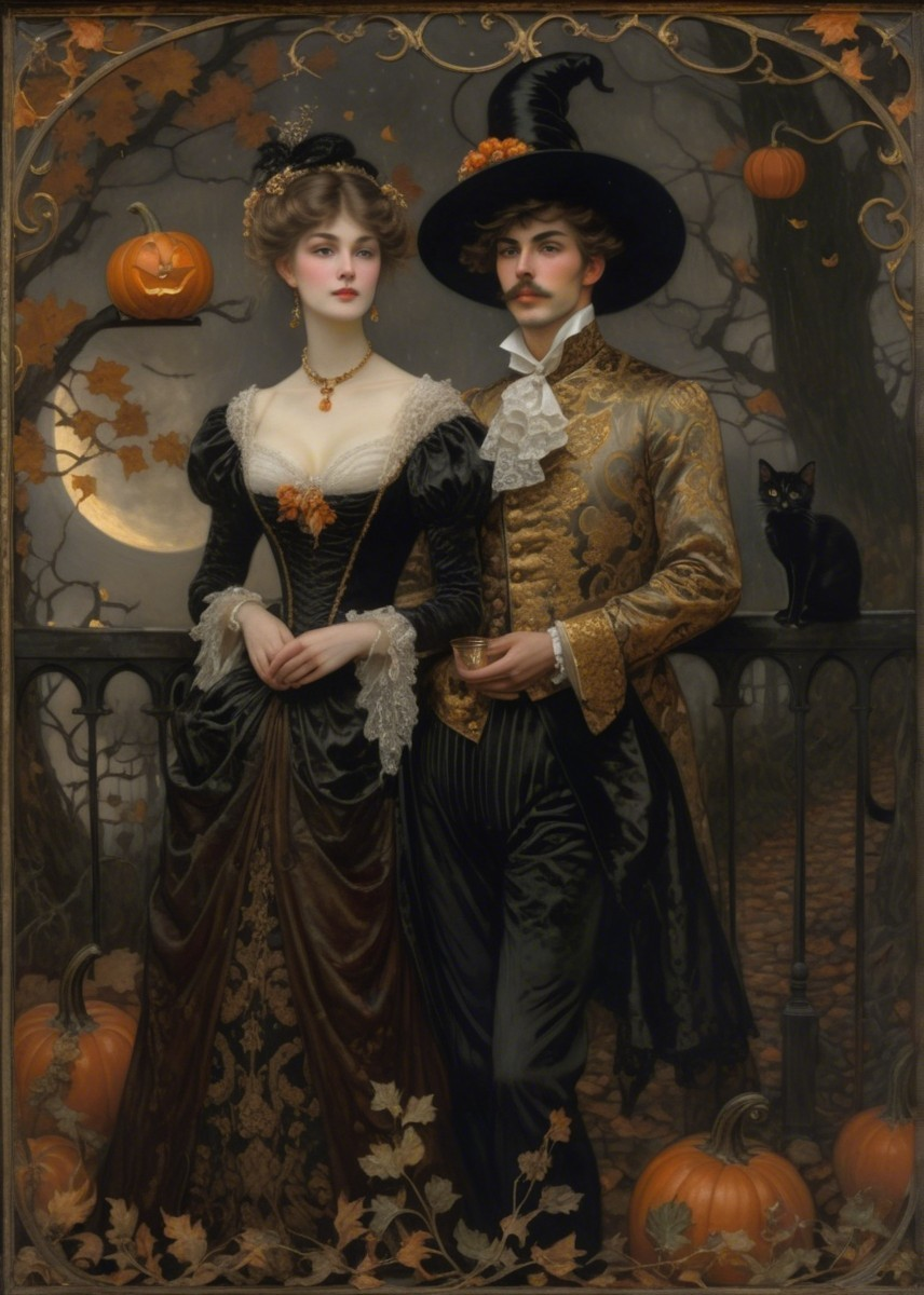 Elegant Couple by Wrought-Iron Fence with Pumpkins