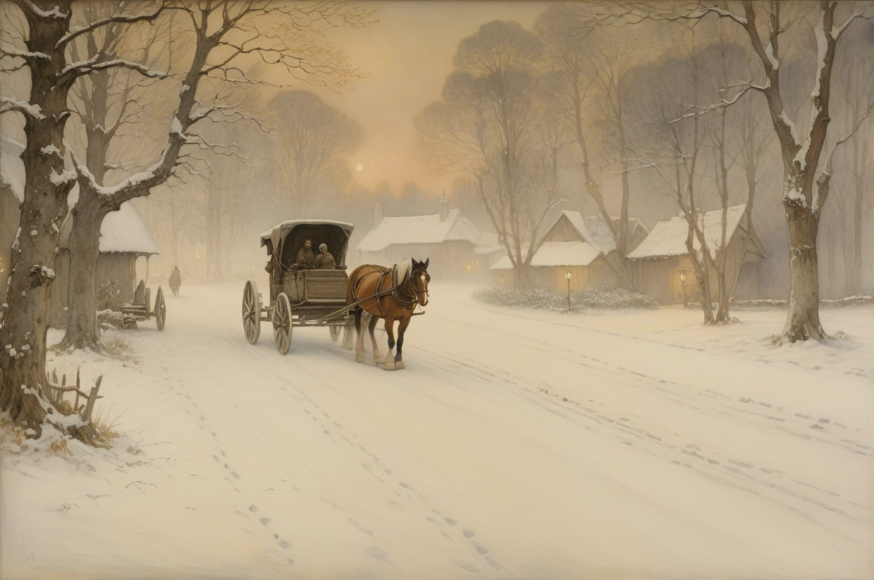 Winter Village Scene with Horse-Drawn Carriage