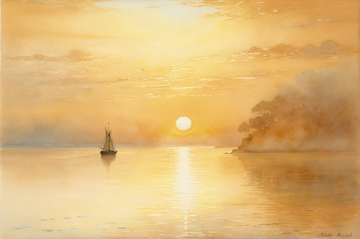 Tranquil Seascape Watercolor at Sunset