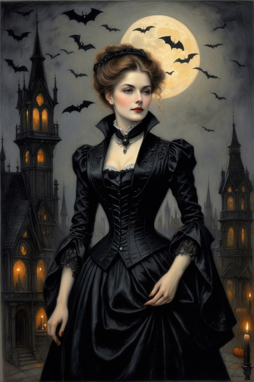 Elegant Woman in Black Gown Under Full Moon and Bats