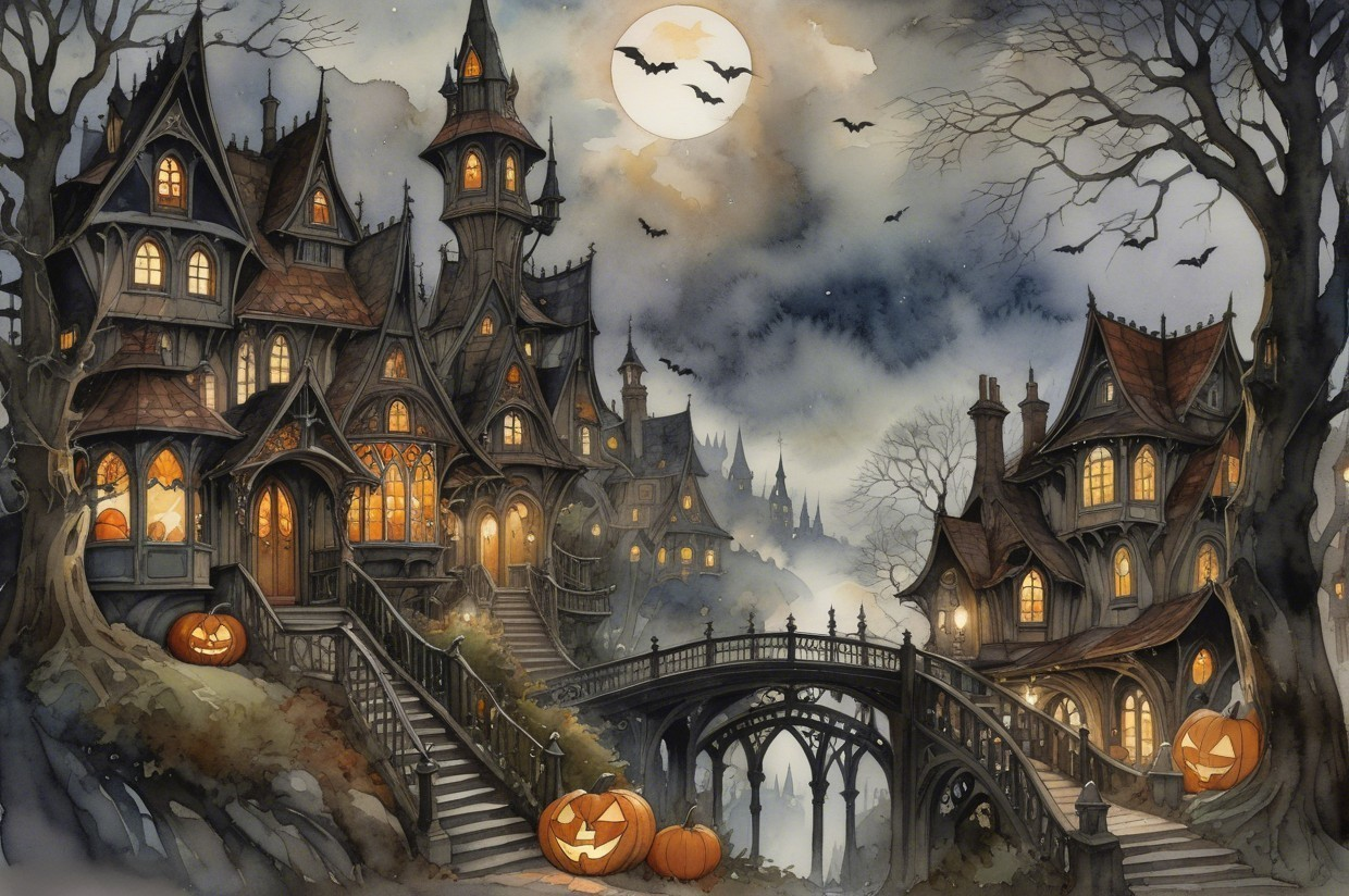 Gothic Landscape with Houses and Halloween Elements