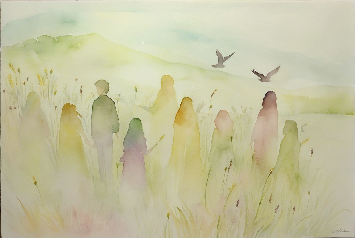 Watercolor Scene of Silhouetted Figures in Nature