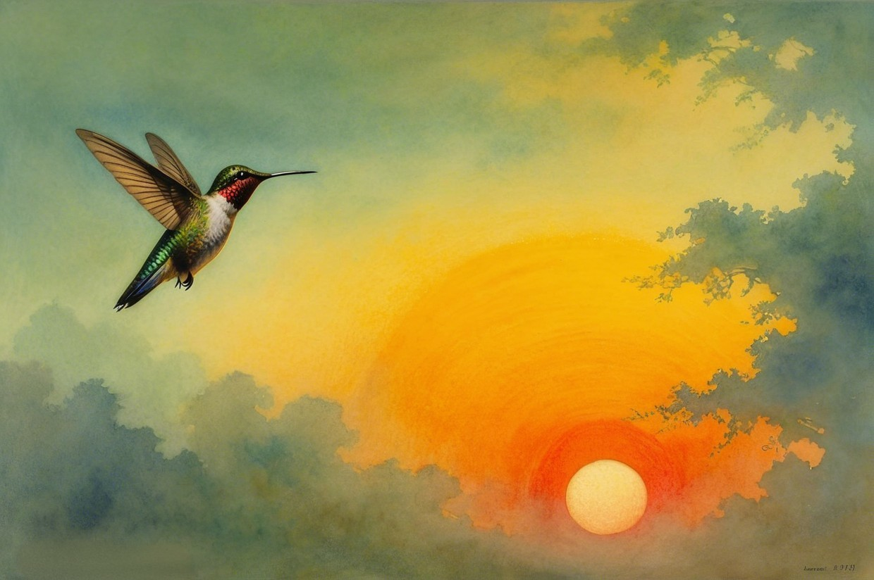 Hummingbird in Flight Against a Sunset Background