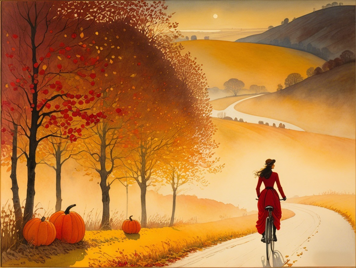 Autumn Landscape with Vibrant Trees and Bicyclist